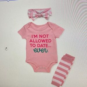 Baby Starters, “I’m Not Allowed To Date Ever”bodysuit, leg warmer & headband, 3M